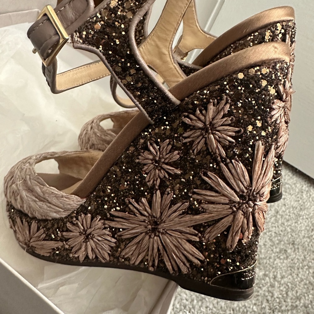 Jimmy Choo Raffia Embroidered Glitter Wedge - Light Mocha Perla 120